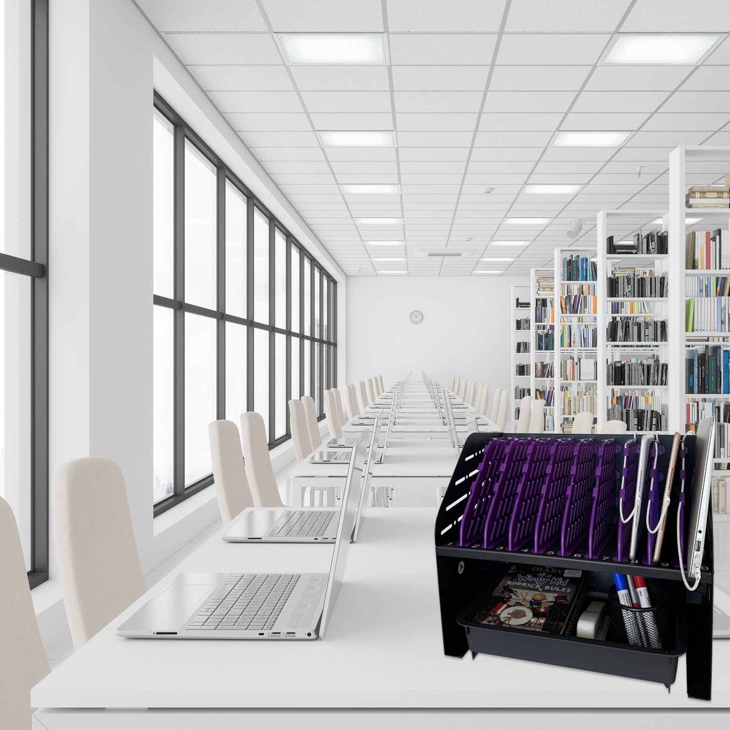 VC10A-B - Laptop Charging Station for Classroom, Office, or Home, 10-Device Organizer with 6 AC Outlets & 4 USB Ports, Fits Laptops, Tablets & E-Readers up to 1.375" Thick, 15.3" x 13" x 13"