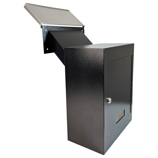 VD3-B - Through-The-Wall Drop Box with Rainproof Cover | Heavy Duty Through Wall Mailbox with 10-Inch Adjustable Chute | Locking Drop Safe for Mail, Rent, Checks, Cash, and Keys, Black