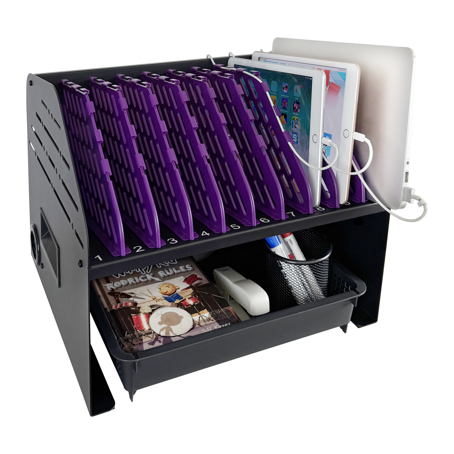 VC10A-B - Laptop Charging Station for Classroom, Office, or Home, 10-Device Organizer with 6 AC Outlets & 4 USB Ports, Fits Laptops, Tablets & E-Readers up to 1.375" Thick, 15.3" x 13" x 13"