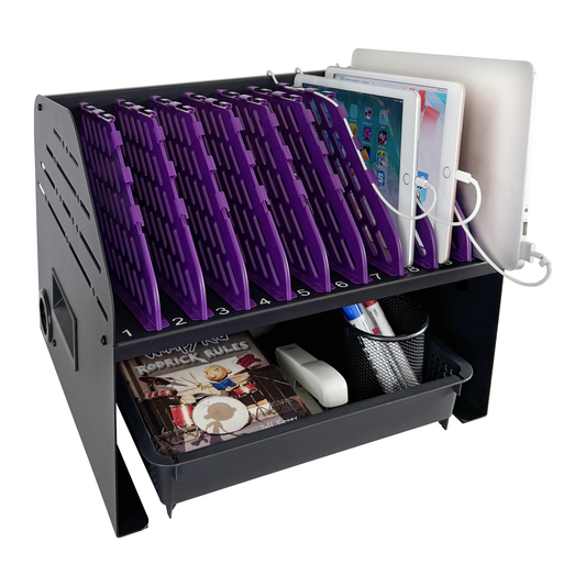 VC10A-B - Laptop Charging Station for Classroom, Office, or Home, 10-Device Organizer with 6 AC Outlets & 4 USB Ports, Fits Laptops, Tablets & E-Readers up to 1.375" Thick, 15.3" x 13" x 13"