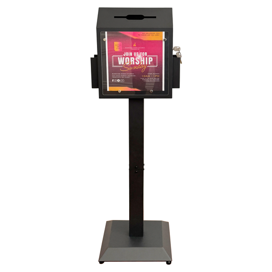 VD6A-B - Floor-Standing Offering Boxes with Lock and Keys, Suggestion Box with Stand, Heavy-Duty Metal Suggestion & Donation Organizer for Church, Voting, and Fundraising, Black