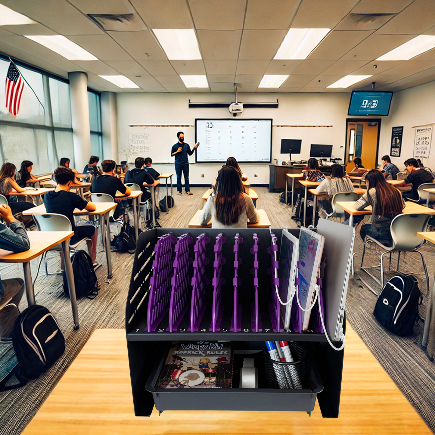 VC10A-B - Laptop Charging Station for Classroom, Office, or Home, 10-Device Organizer with 6 AC Outlets & 4 USB Ports, Fits Laptops, Tablets & E-Readers up to 1.375" Thick, 15.3" x 13" x 13"