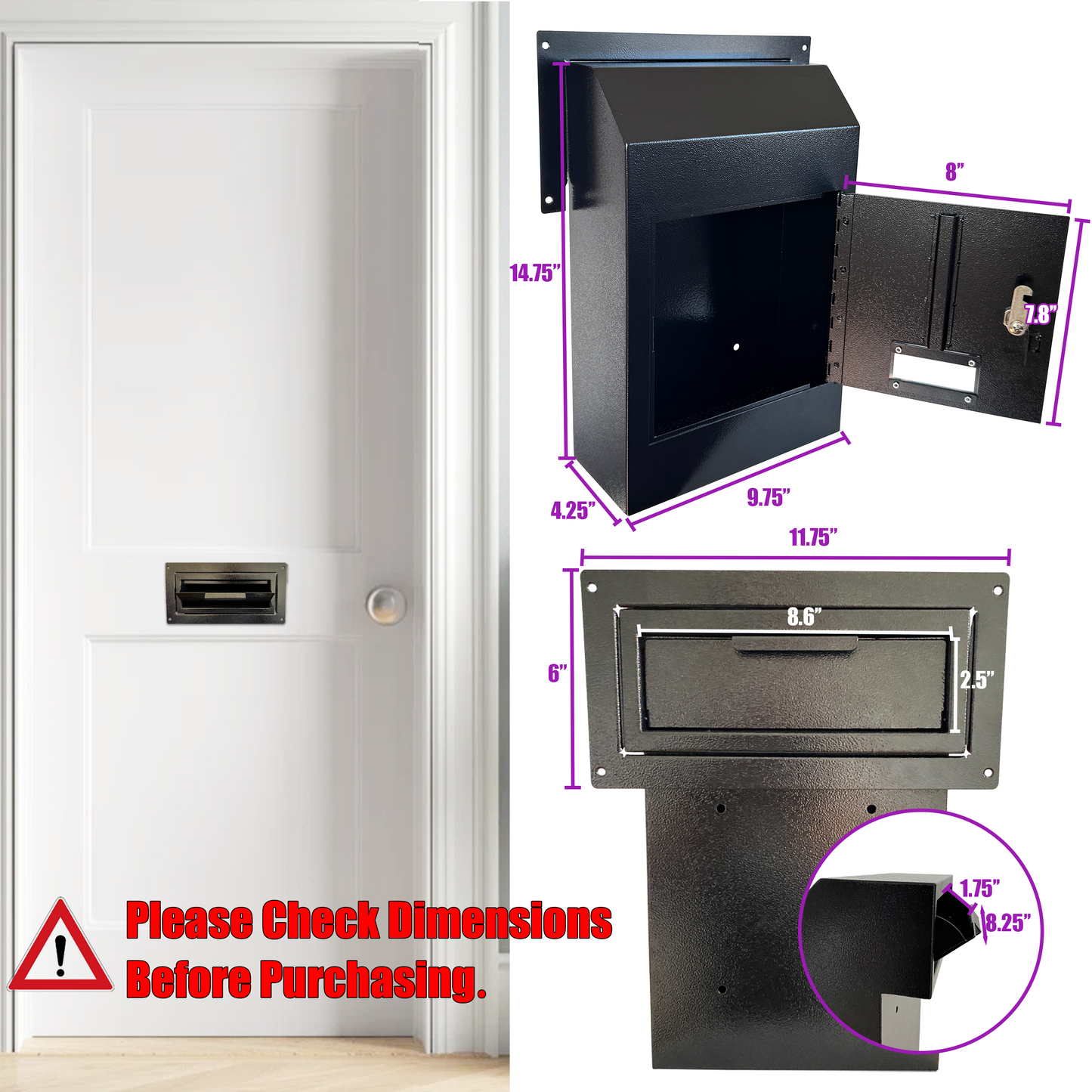 VD1C-B - Door Drop Box, Mail Slots for Mail, Rent, Deposit, and Night Key, Through The Door Prevents Money Fishing Locking Steel Mailbox with Rear Access, Black