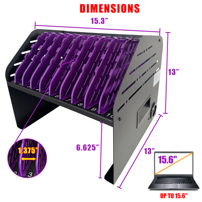 VC10A-B - Laptop Charging Station for Classroom, Office, or Home, 10-Device Organizer with 6 AC Outlets & 4 USB Ports, Fits Laptops, Tablets & E-Readers up to 1.375" Thick, 15.3" x 13" x 13"