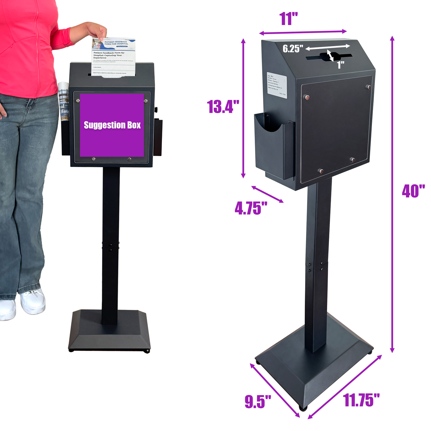 VD6B-B - Suggestion Box with Stand, Floor Standing Donation & Ballot Box, Metal Lockable Collection Box with Combination Lock for Voting, Charity, Church, Hospital Feedback & Car Rental Key Return