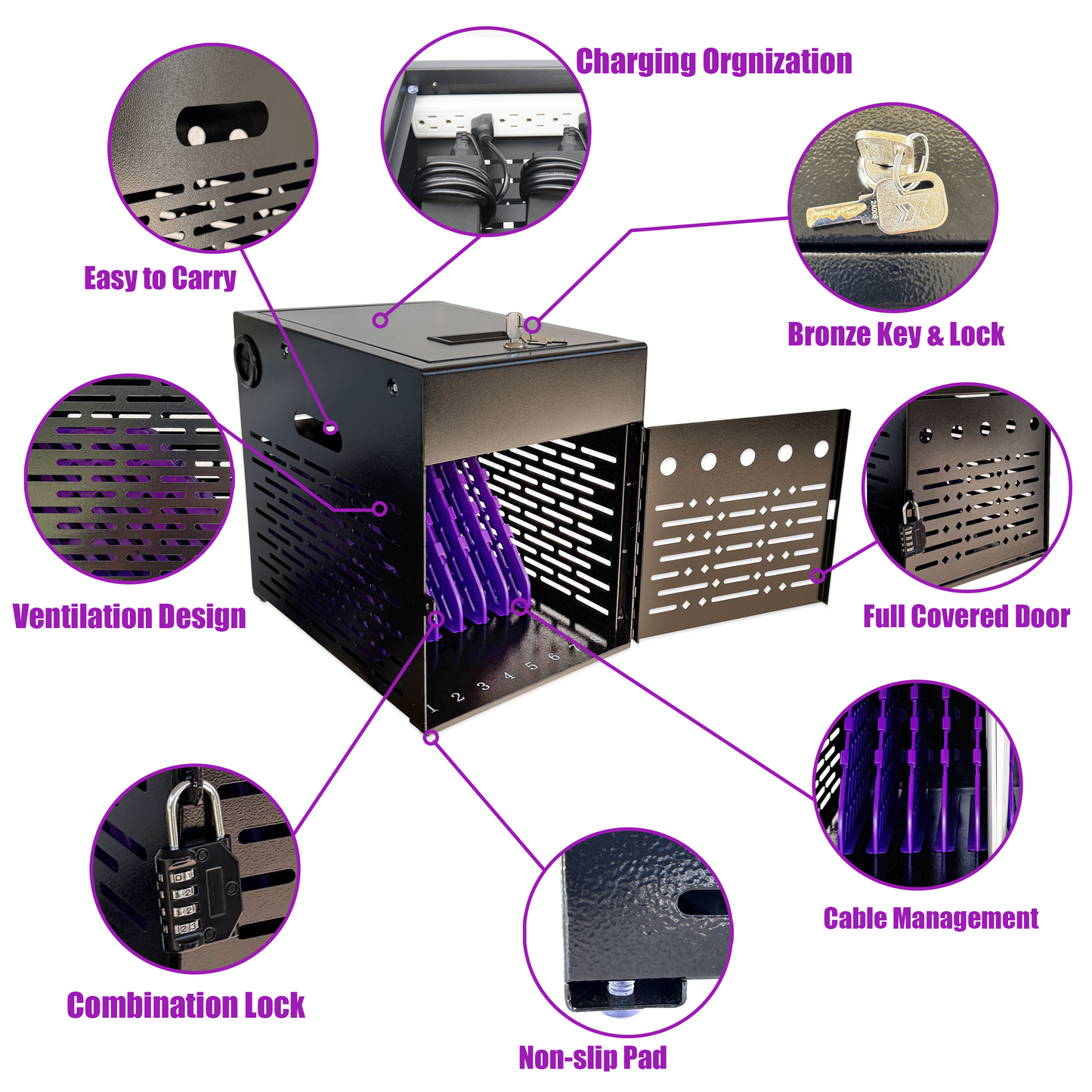 VC8B-B - 8-Device Tablet Charging Station, Lockable Steel Charging Cabinet for 14" Chromebooks, iPads, Laptops & Tablets, Secure Storage with 2 Keys for Classroom, Office & Hospital, Black