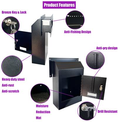 VD1C-B - Door Drop Box, Mail Slots for Mail, Rent, Deposit, and Night Key, Through The Door Prevents Money Fishing Locking Steel Mailbox with Rear Access, Black