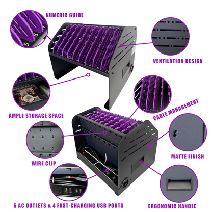 VC10A-B - Laptop Charging Station for Classroom, Office, or Home, 10-Device Organizer with 6 AC Outlets & 4 USB Ports, Fits Laptops, Tablets & E-Readers up to 1.375" Thick, 15.3" x 13" x 13"