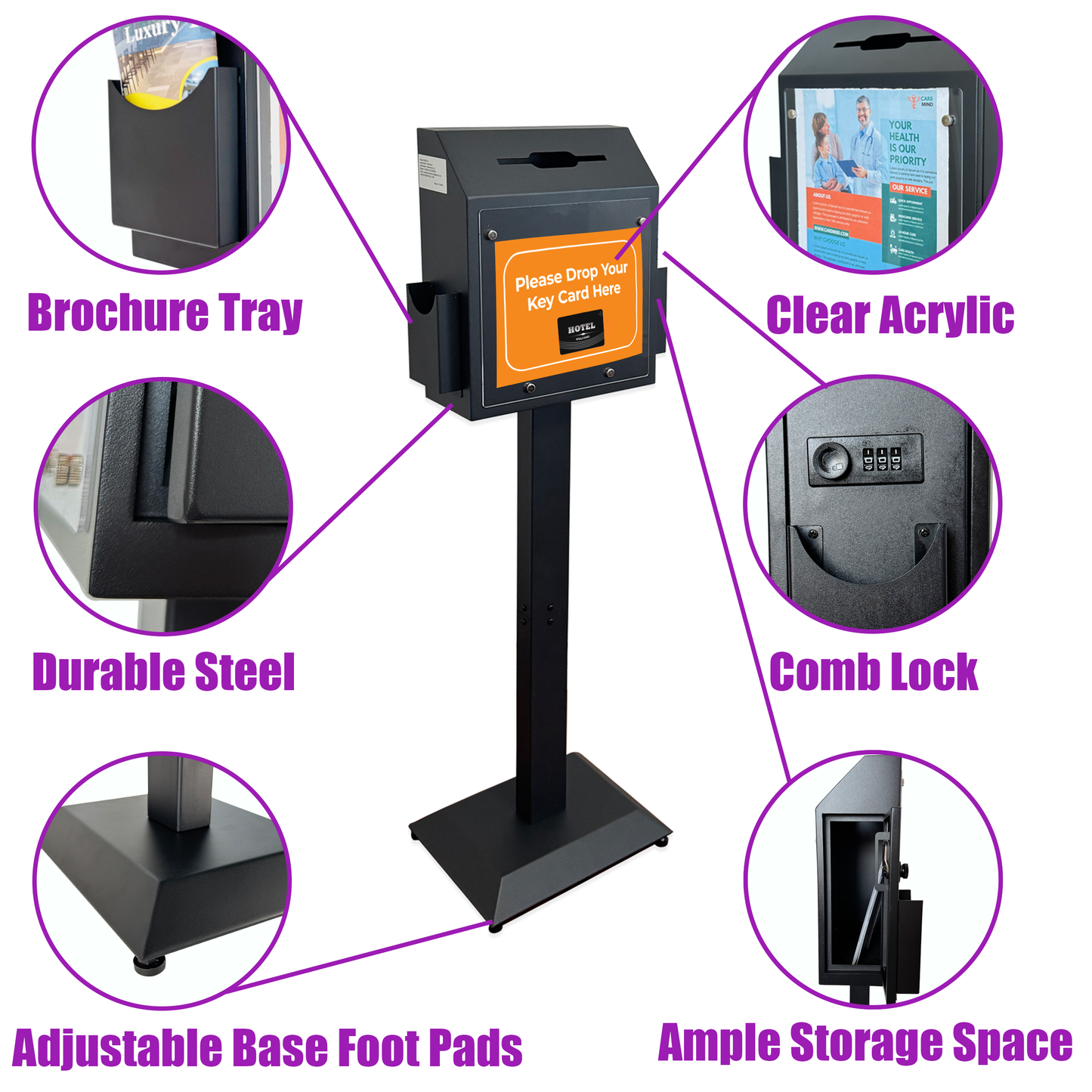 VD6B-B - Suggestion Box with Stand, Floor Standing Donation & Ballot Box, Metal Lockable Collection Box with Combination Lock for Voting, Charity, Church, Hospital Feedback & Car Rental Key Return