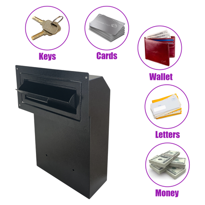 VD1C-B - Door Drop Box, Mail Slots for Mail, Rent, Deposit, and Night Key, Through The Door Prevents Money Fishing Locking Steel Mailbox with Rear Access, Black