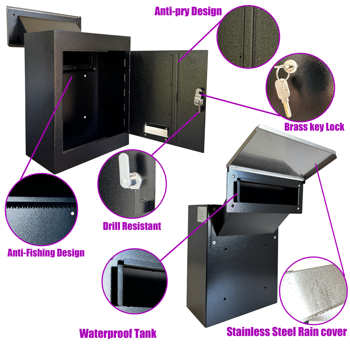 VD3-B - Through-The-Wall Drop Box with Rainproof Cover | Heavy Duty Through Wall Mailbox with 10-Inch Adjustable Chute | Locking Drop Safe for Mail, Rent, Checks, Cash, and Keys, Black