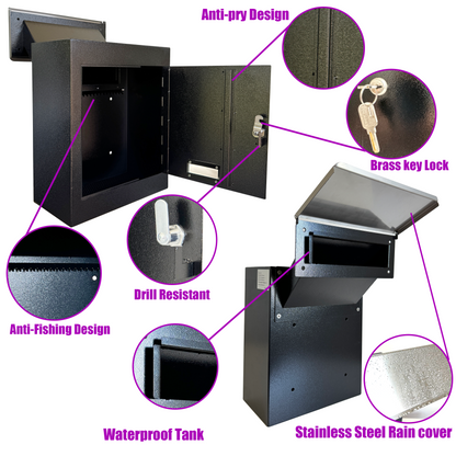 VD3-B - Through-The-Wall Drop Box with Rainproof Cover | Heavy Duty Through Wall Mailbox with 10-Inch Adjustable Chute | Locking Drop Safe for Mail, Rent, Checks, Cash, and Keys, Black