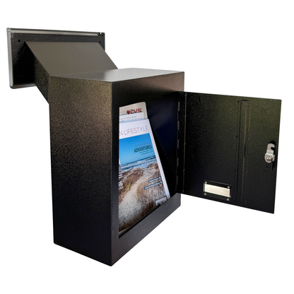 VD3-B - Through-The-Wall Drop Box with Rainproof Cover | Heavy Duty Through Wall Mailbox with 10-Inch Adjustable Chute | Locking Drop Safe for Mail, Rent, Checks, Cash, and Keys, Black
