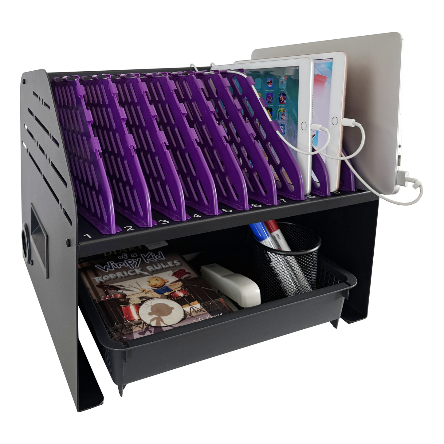 VC10A-B - Laptop Charging Station for Classroom, Office, or Home, 10-Device Organizer with 6 AC Outlets & 4 USB Ports, Fits Laptops, Tablets & E-Readers up to 1.375" Thick, 15.3" x 13" x 13"