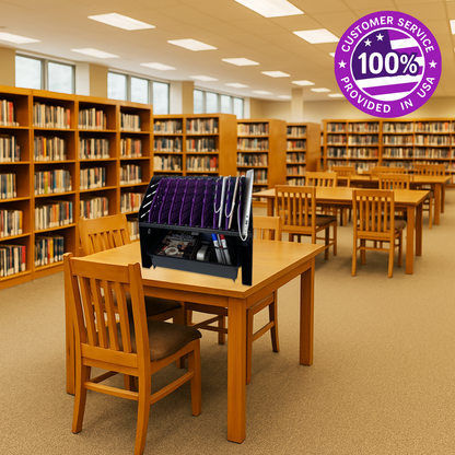 VC10A-B - Laptop Charging Station for Classroom, Office, or Home, 10-Device Organizer with 6 AC Outlets & 4 USB Ports, Fits Laptops, Tablets & E-Readers up to 1.375" Thick, 15.3" x 13" x 13"