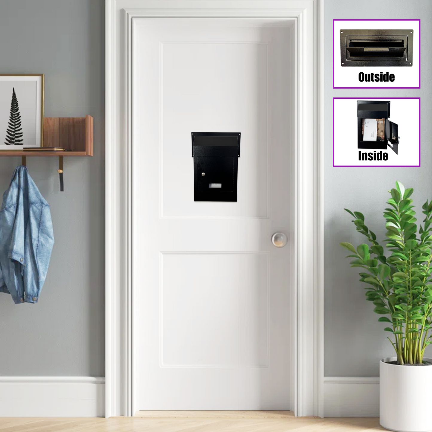 VD1C-B - Door Drop Box, Mail Slots for Mail, Rent, Deposit, and Night Key, Through The Door Prevents Money Fishing Locking Steel Mailbox with Rear Access, Black