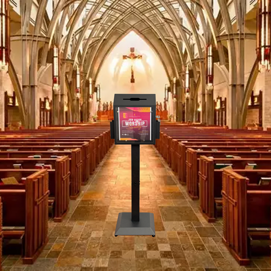VD6A-B - Floor-Standing Offering Boxes with Lock and Keys, Suggestion Box with Stand, Heavy-Duty Metal Suggestion & Donation Organizer for Church, Voting, and Fundraising, Black