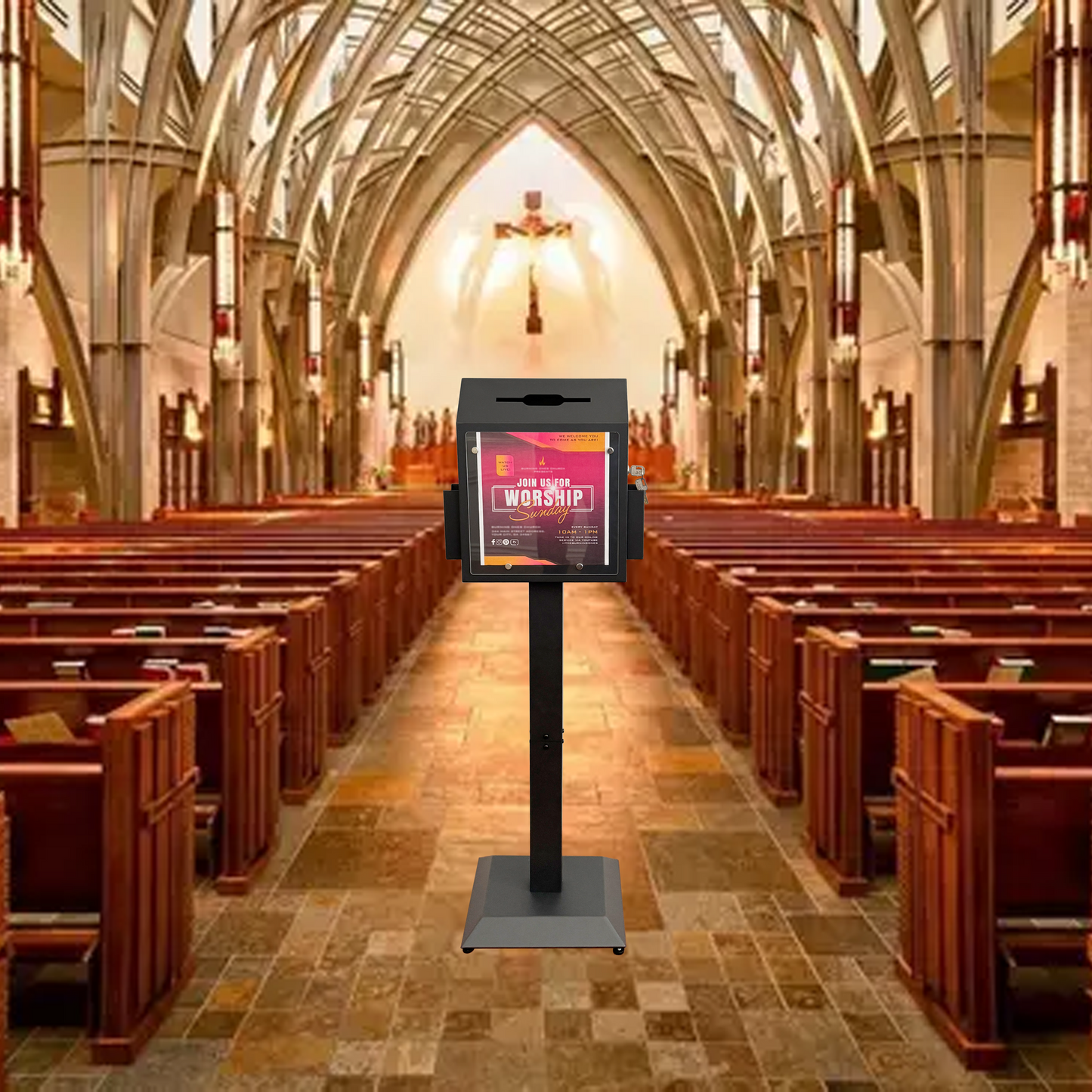 VD6A-B - Floor-Standing Offering Boxes with Lock and Keys, Suggestion Box with Stand, Heavy-Duty Metal Suggestion & Donation Organizer for Church, Voting, and Fundraising, Black