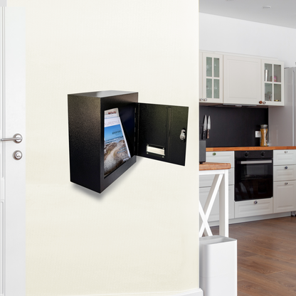 VD3-B - Through-The-Wall Drop Box with Rainproof Cover | Heavy Duty Through Wall Mailbox with 10-Inch Adjustable Chute | Locking Drop Safe for Mail, Rent, Checks, Cash, and Keys, Black